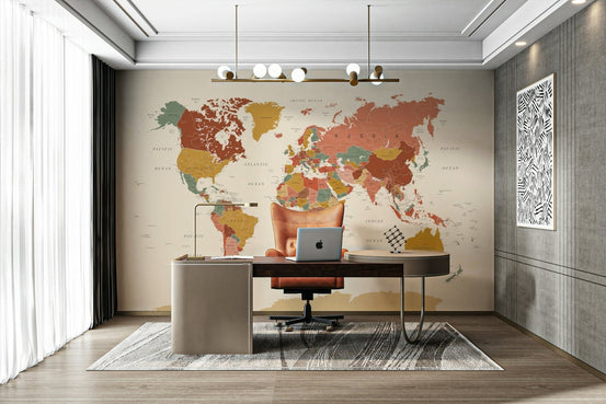 Vintage world map wall mural in earth tones, GD2399