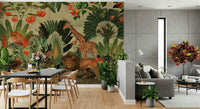 Vintage Explorer's Dream wall mural adds safari richness to this living room 