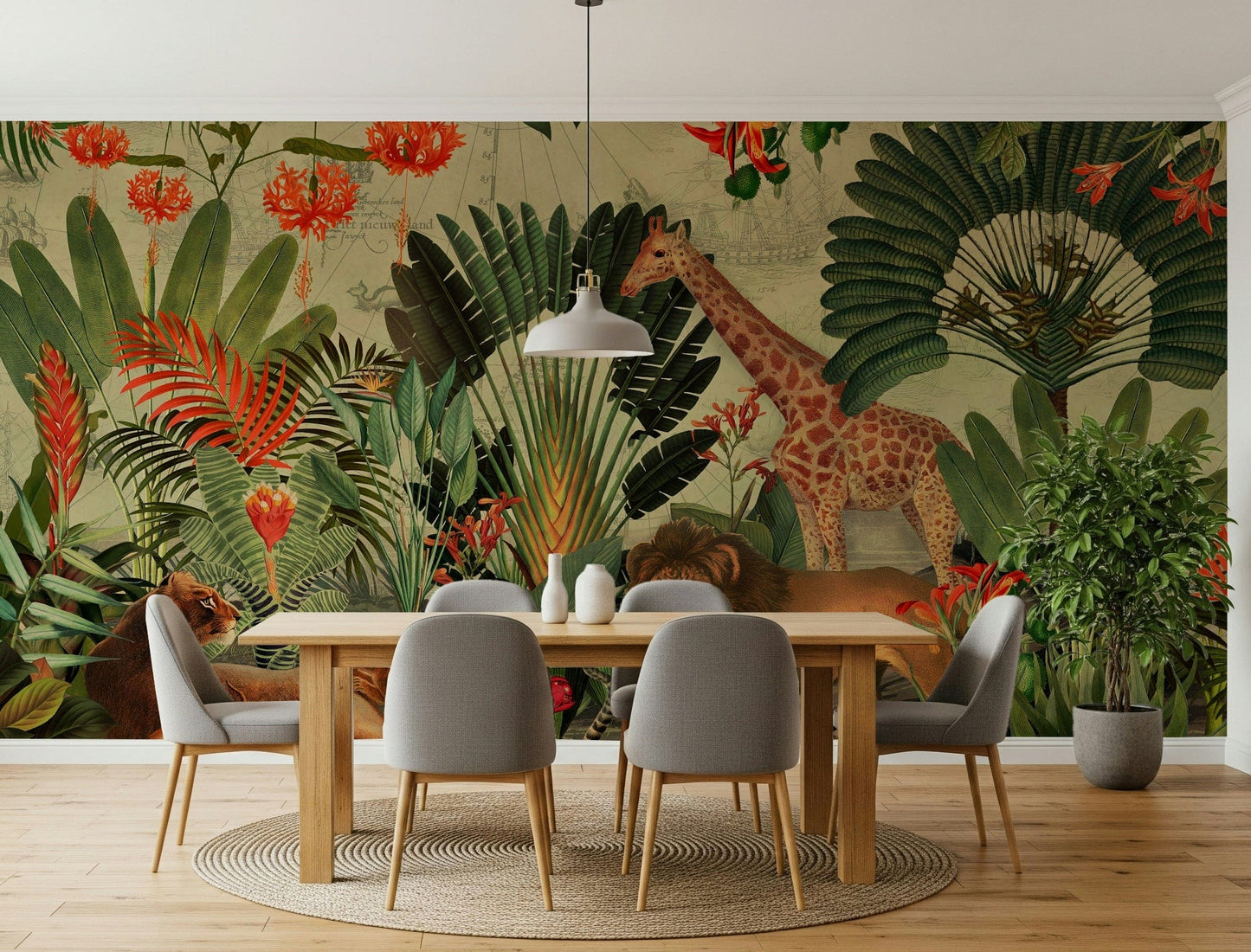 Rich foliage from Vintage Explorer's Dream wall mural lines this Dining room beautifully
