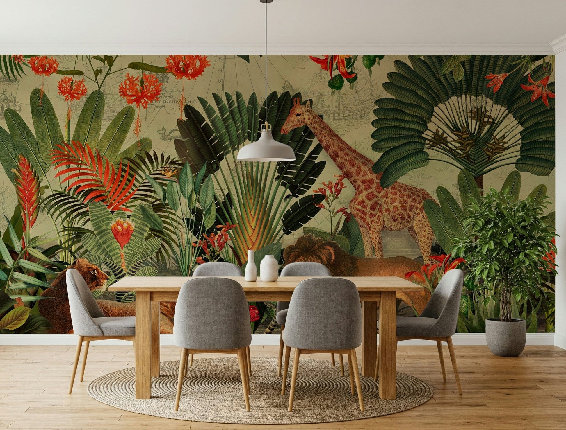 Rich foliage from Vintage Explorer's Dream wall mural lines this Dining room beautifully