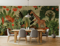 Rich foliage from Vintage Explorer's Dream wall mural lines this Dining room beautifully