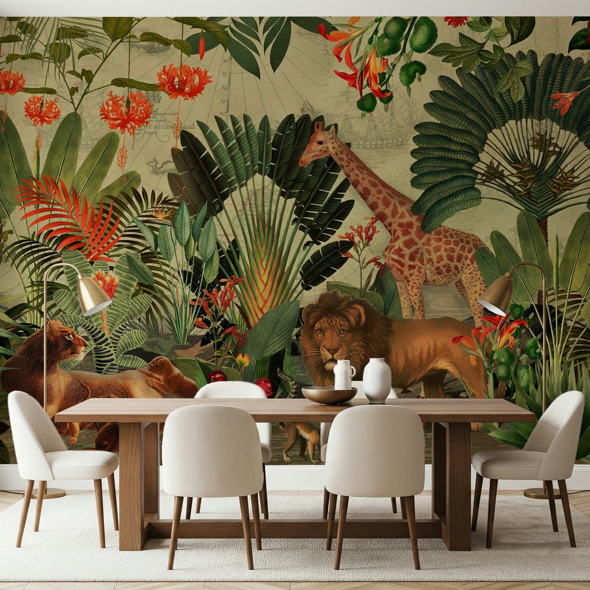 By the Dining room, Vintage Explorer's Dream wall mural brings lion-led warmth