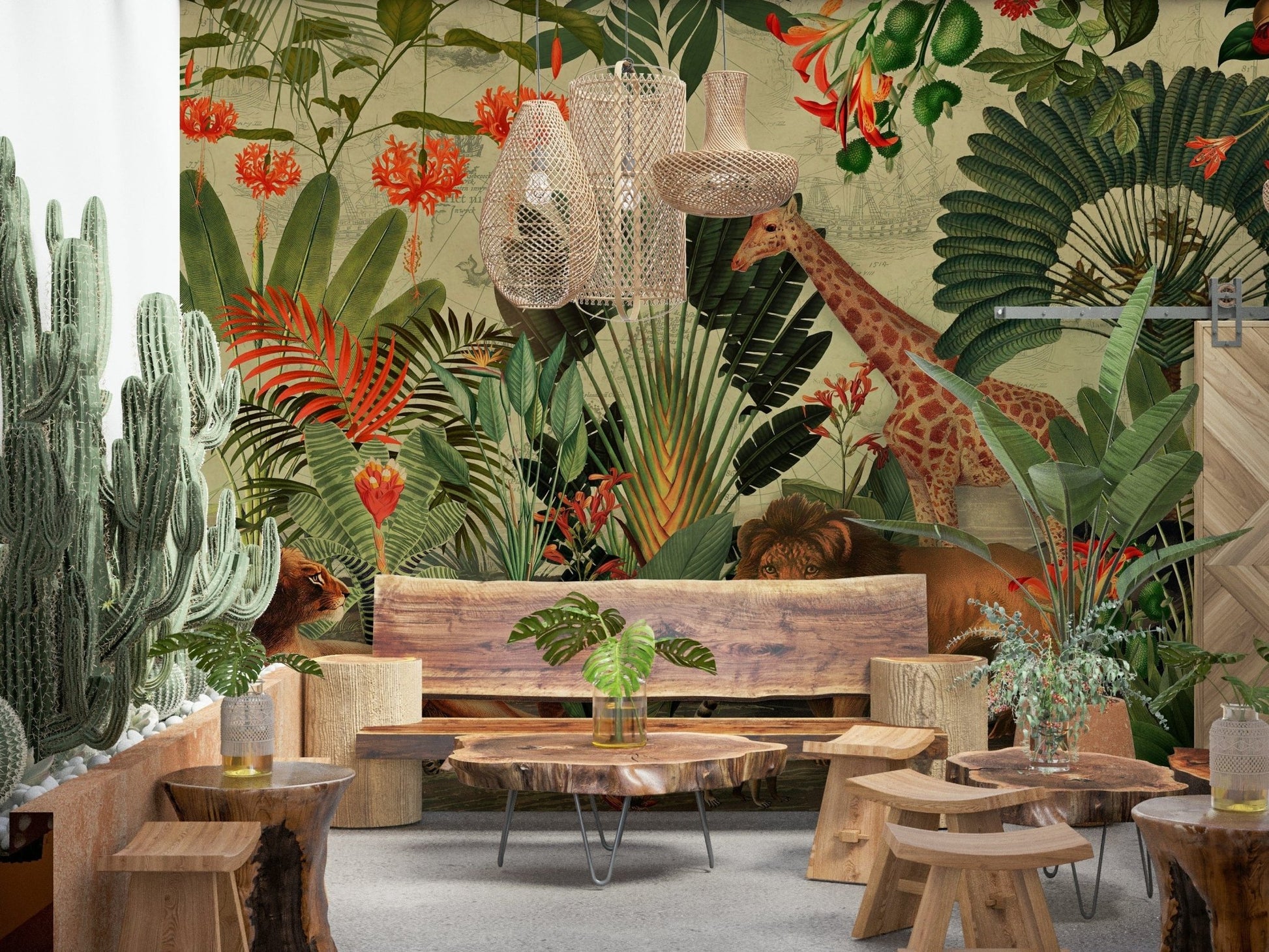 Giraffe and leafy forms in Vintage Explorer's Dream wall mural suit the Cafe 