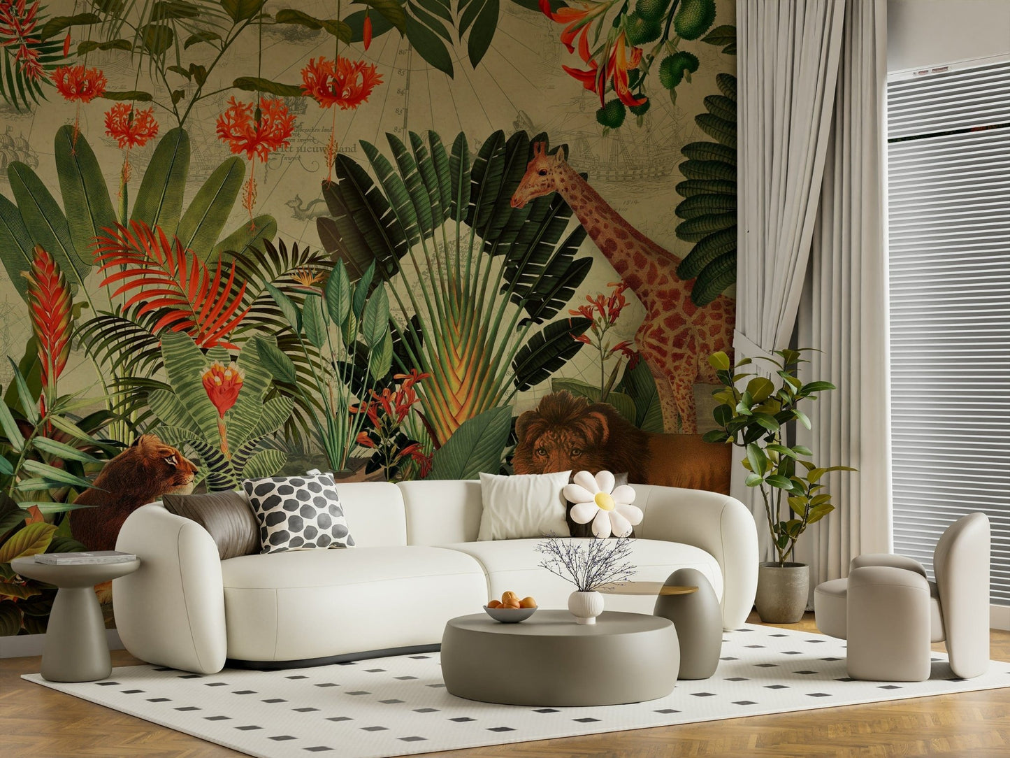 Vintage Explorer's Dream wall mural gives the lounge area a wild botanical mood