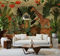 This Home office gains a layered jungle look from Vintage Explorer's Dream wall mural