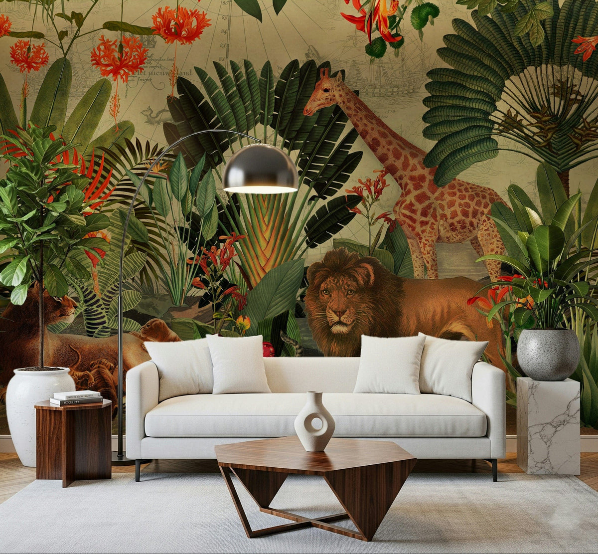 This Home office gains a layered jungle look from Vintage Explorer's Dream wall mural, GD1183