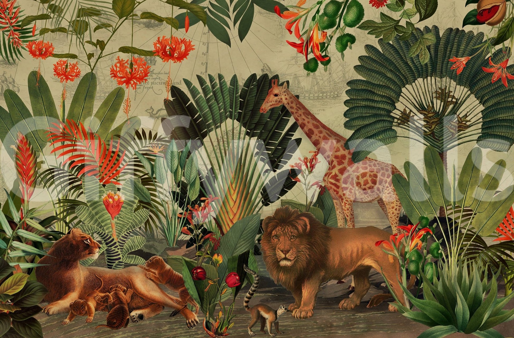 Vintage Explorer's Dream wall mural with jungle leaves, lion, and giraffe scene