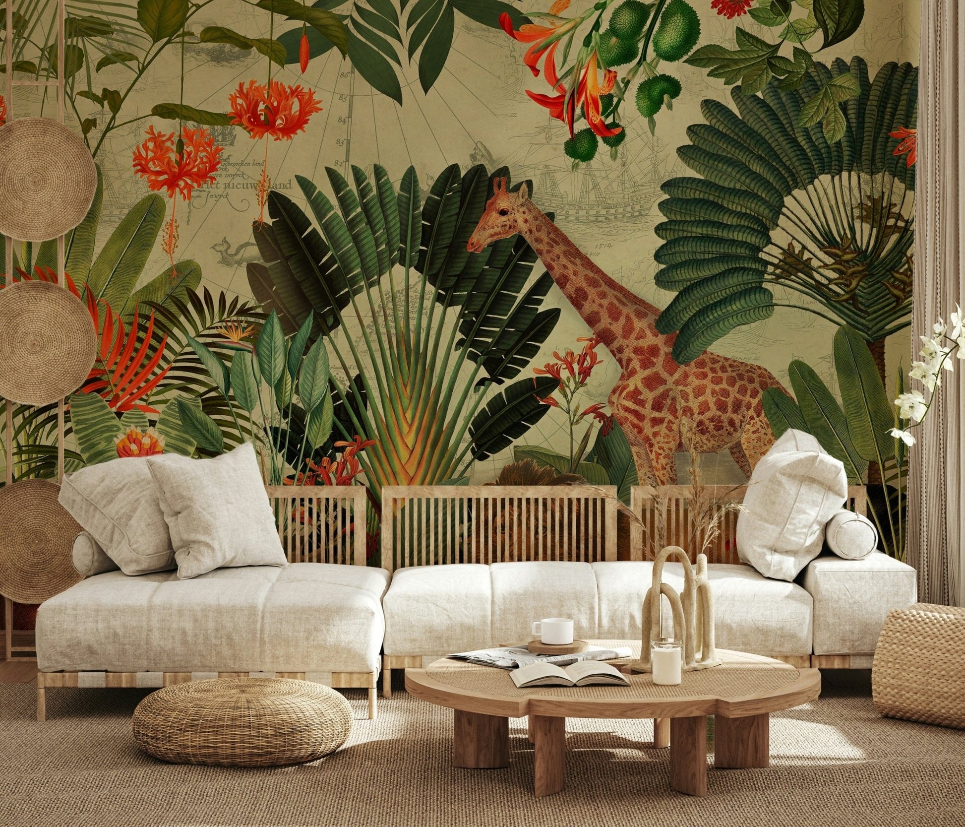 Tropical depth surrounds the Living room with Vintage Explorer's Dream wall mural
