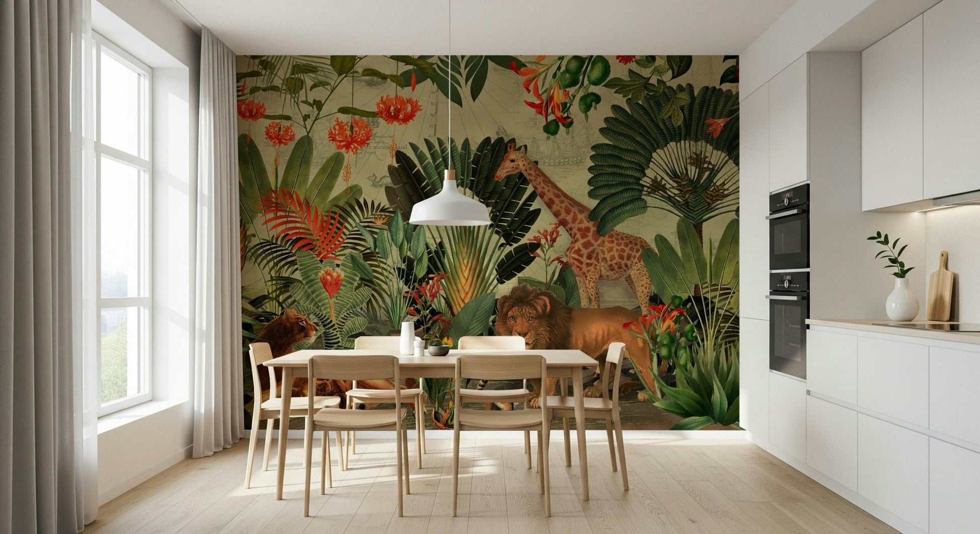 The Dining room features Vintage Explorer's Dream wall mural in lush safari tones