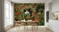 The Dining room features Vintage Explorer's Dream wall mural in lush safari tones