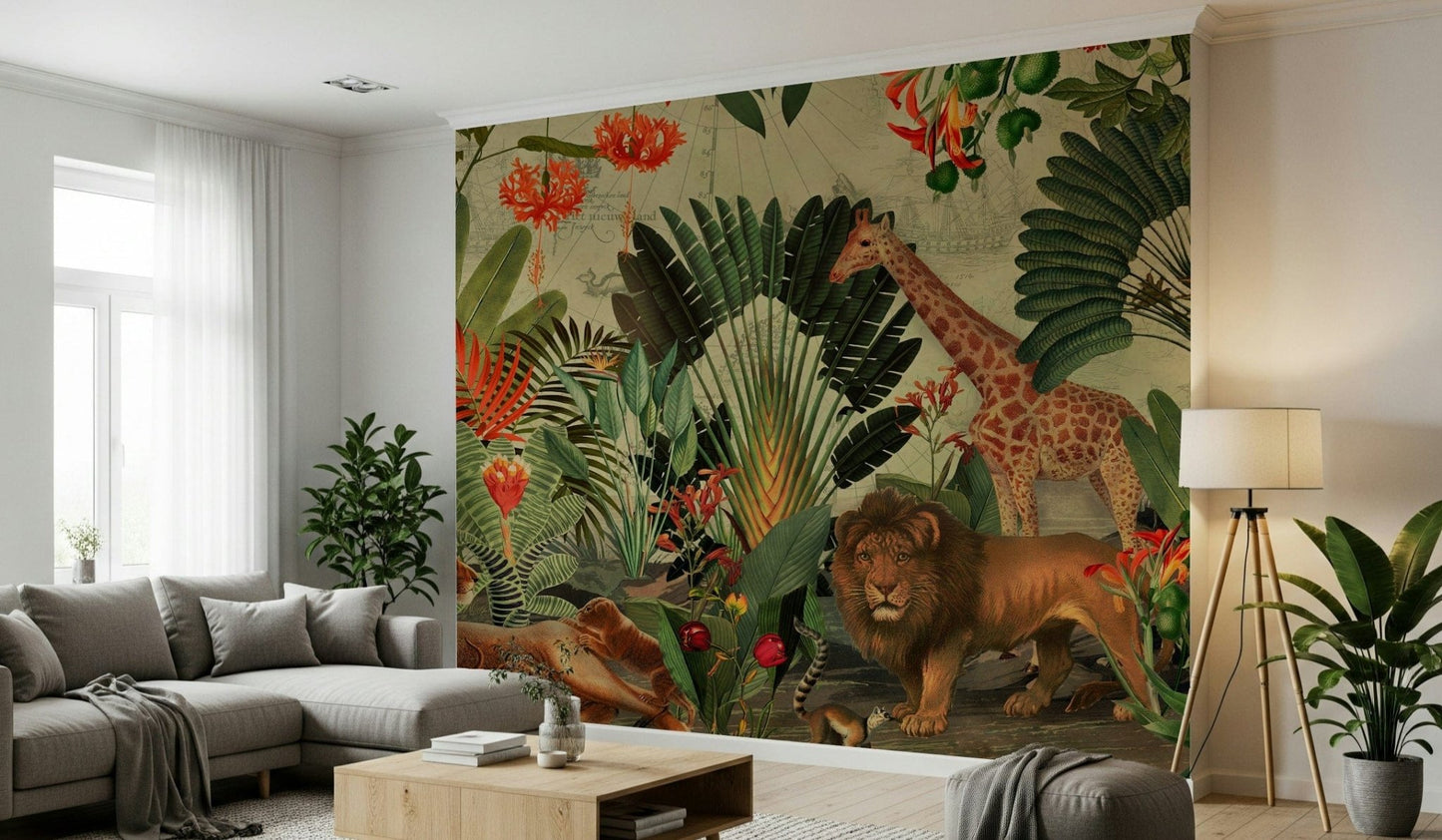 A Living room feels bolder with Vintage Explorer's Dream wall mural and jungle life