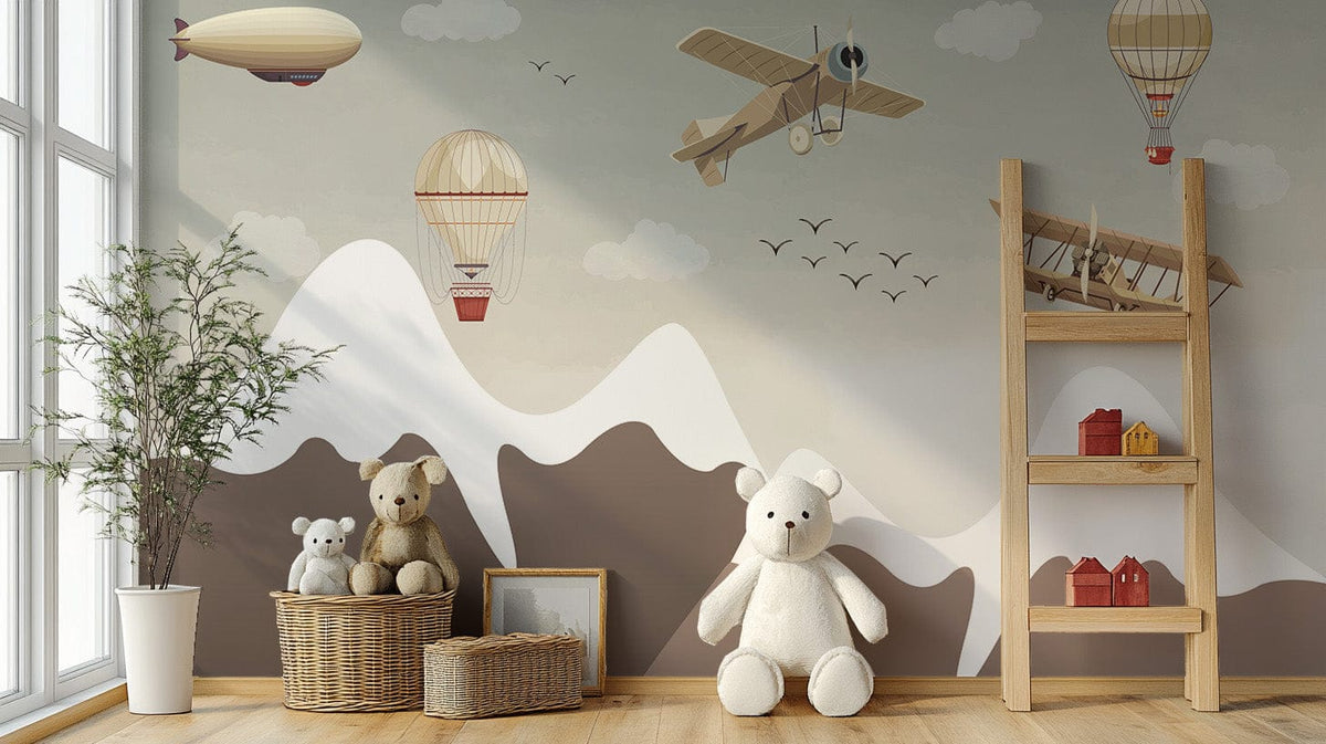 Vintage flight mural with planes and mountains, C96