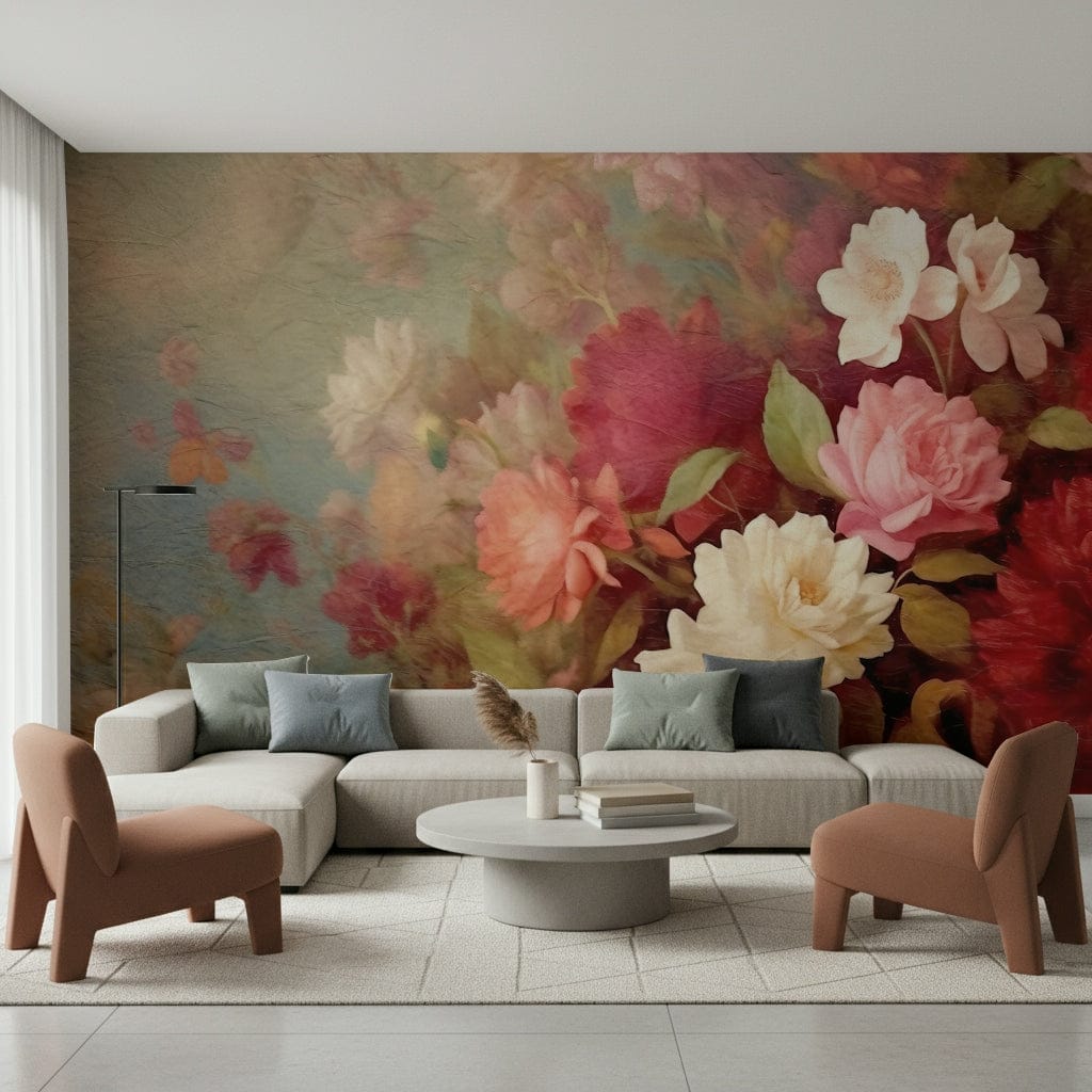 An artistic delicate bloom mural on minimalist wallpaper.