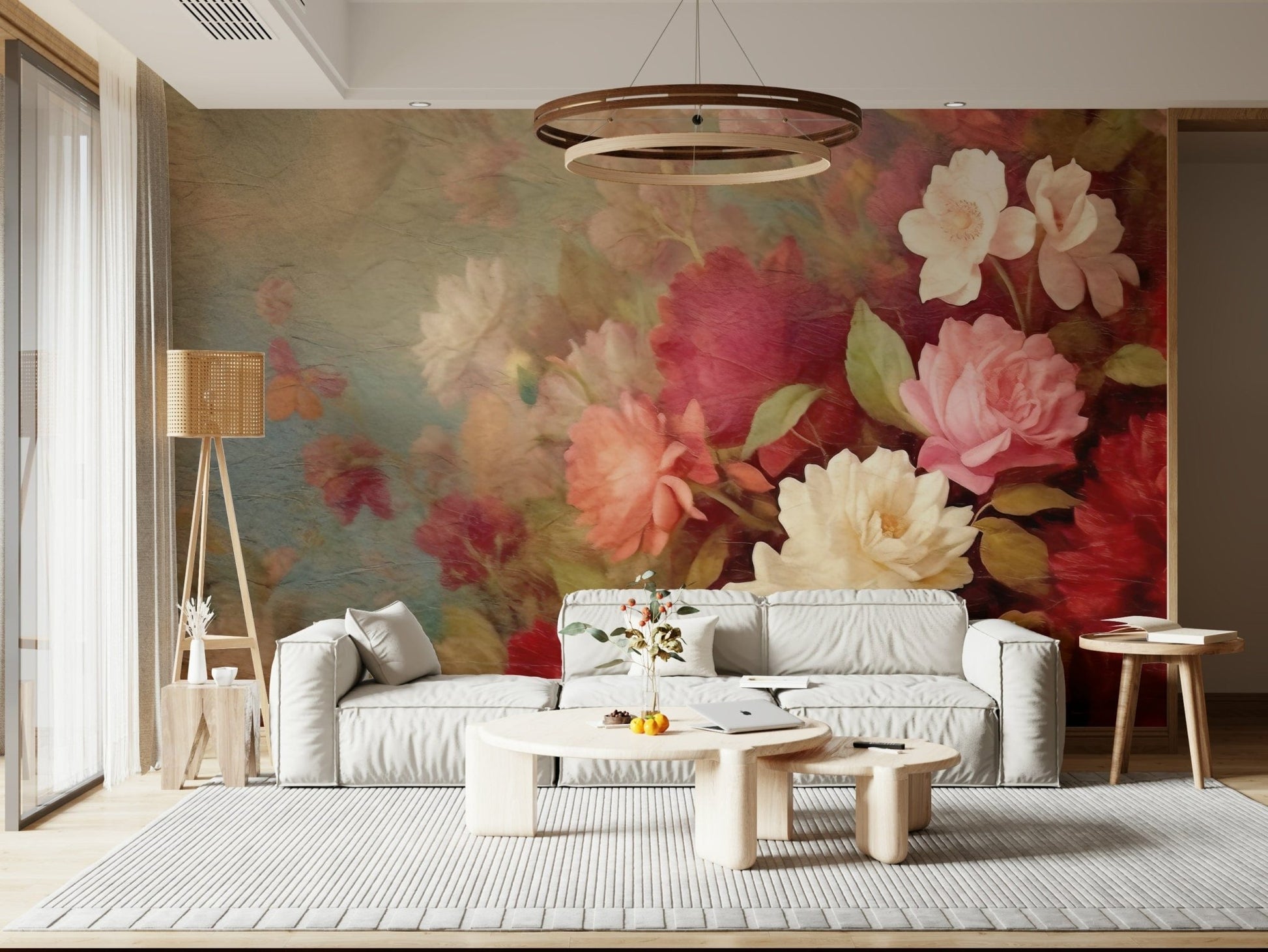 A graceful subtle flower wall mural in soft, elegant tones.