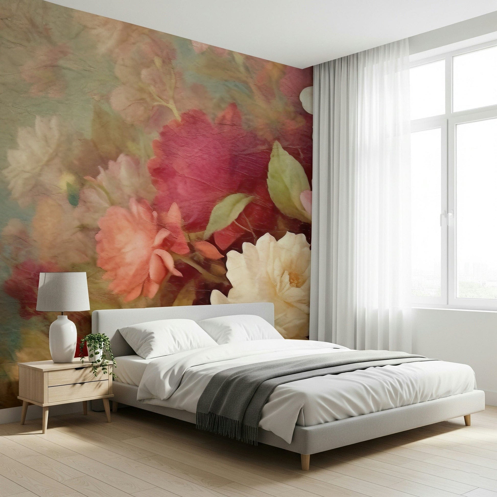 A beautiful vintage floral wallpaper mural with cascading flowers.