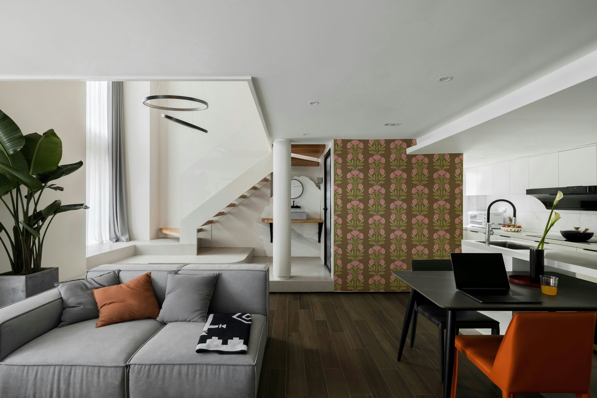 A wall mural of a floral pattern.

