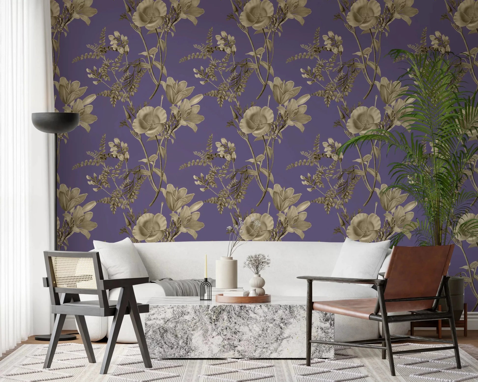 Living room with Vintage Floral Dream Wallpaper in muted blue tones
