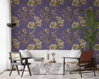 Living room with Vintage Floral Dream Wallpaper in muted blue tones