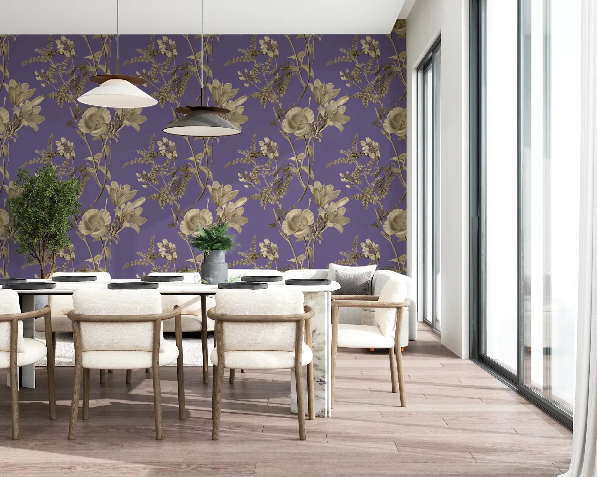 Dusty blue wall with Floral Dream Wallpaper and pale flowers