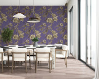 Dusty blue wall with Floral Dream Wallpaper and pale flowers