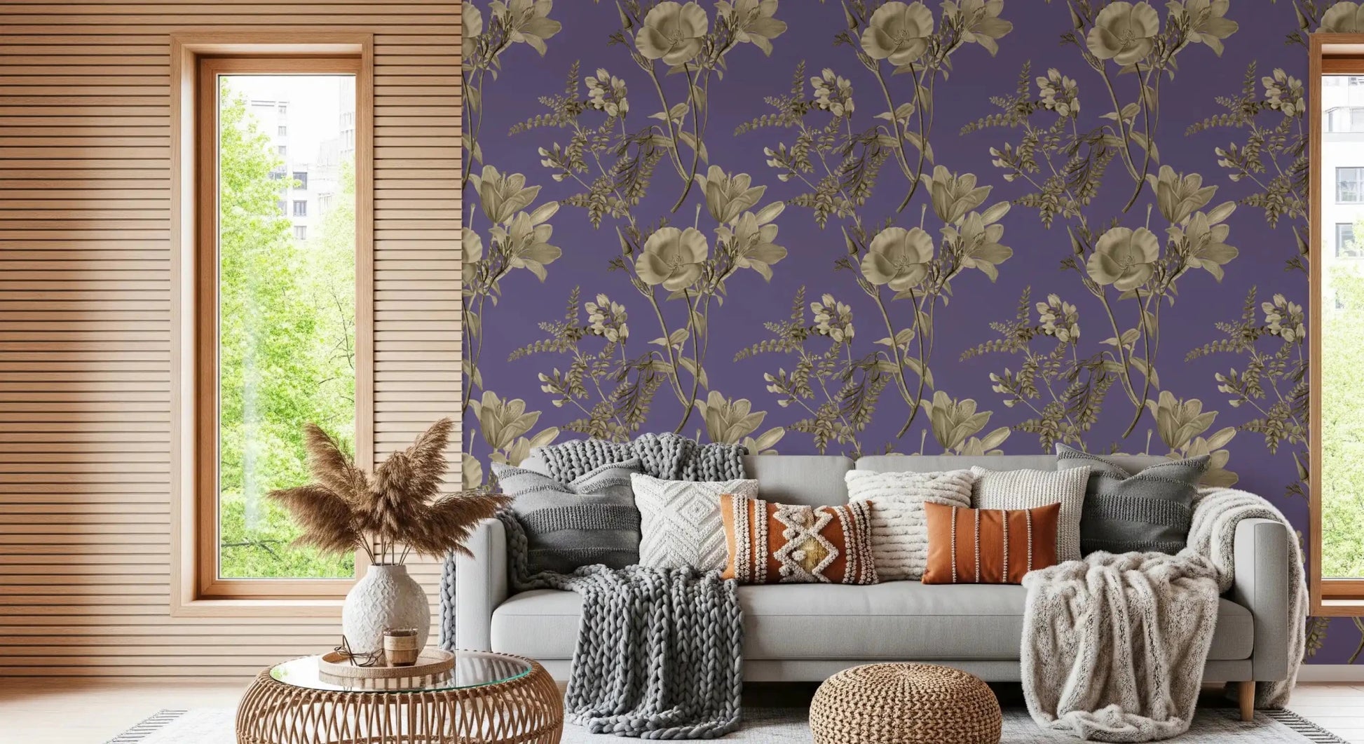 Decorative blue backdrop with Floral Dream Wallpaper detailing