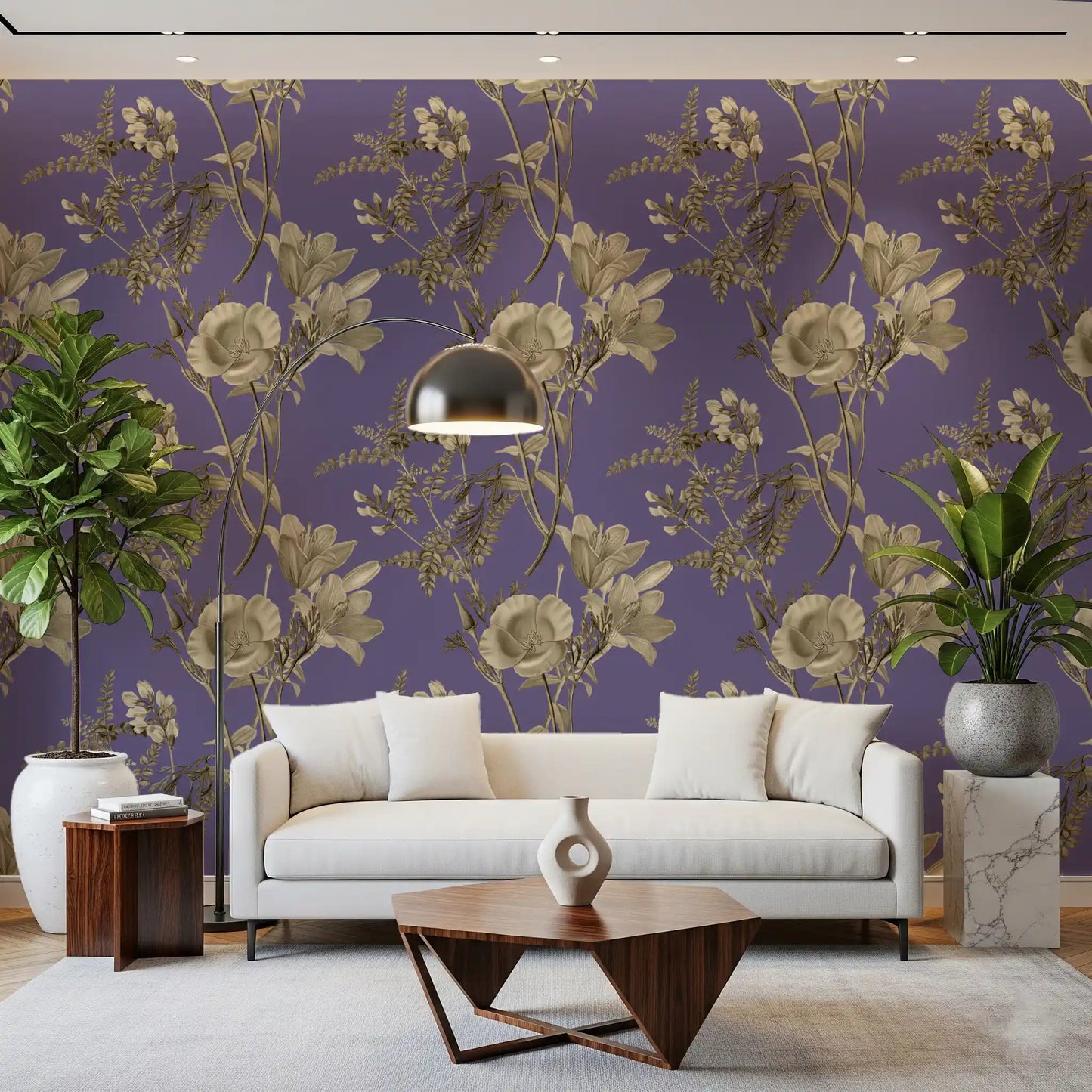 Office wall with Floral Dream Wallpaper on a dusty blue base