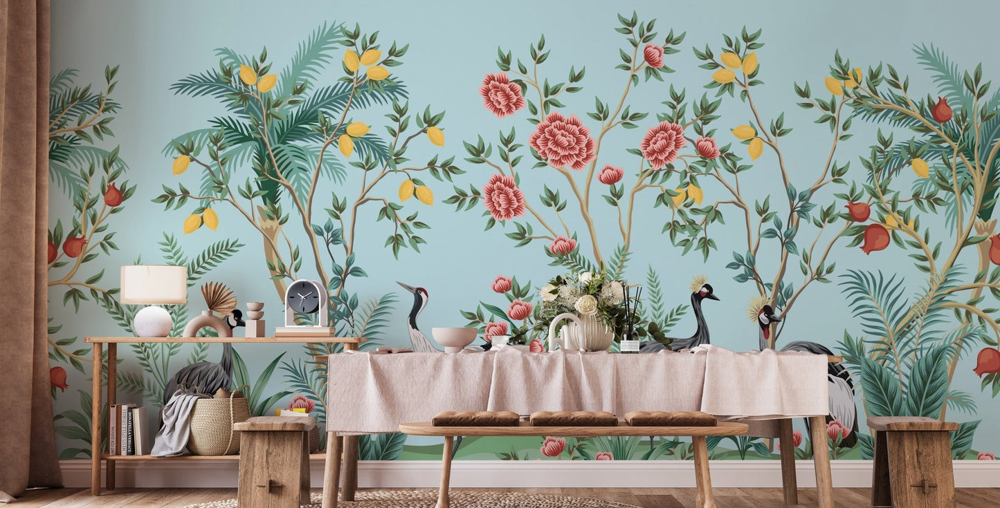 Chinoiserie Floral Palm Tree Wallpaper - Giffywalls B098
