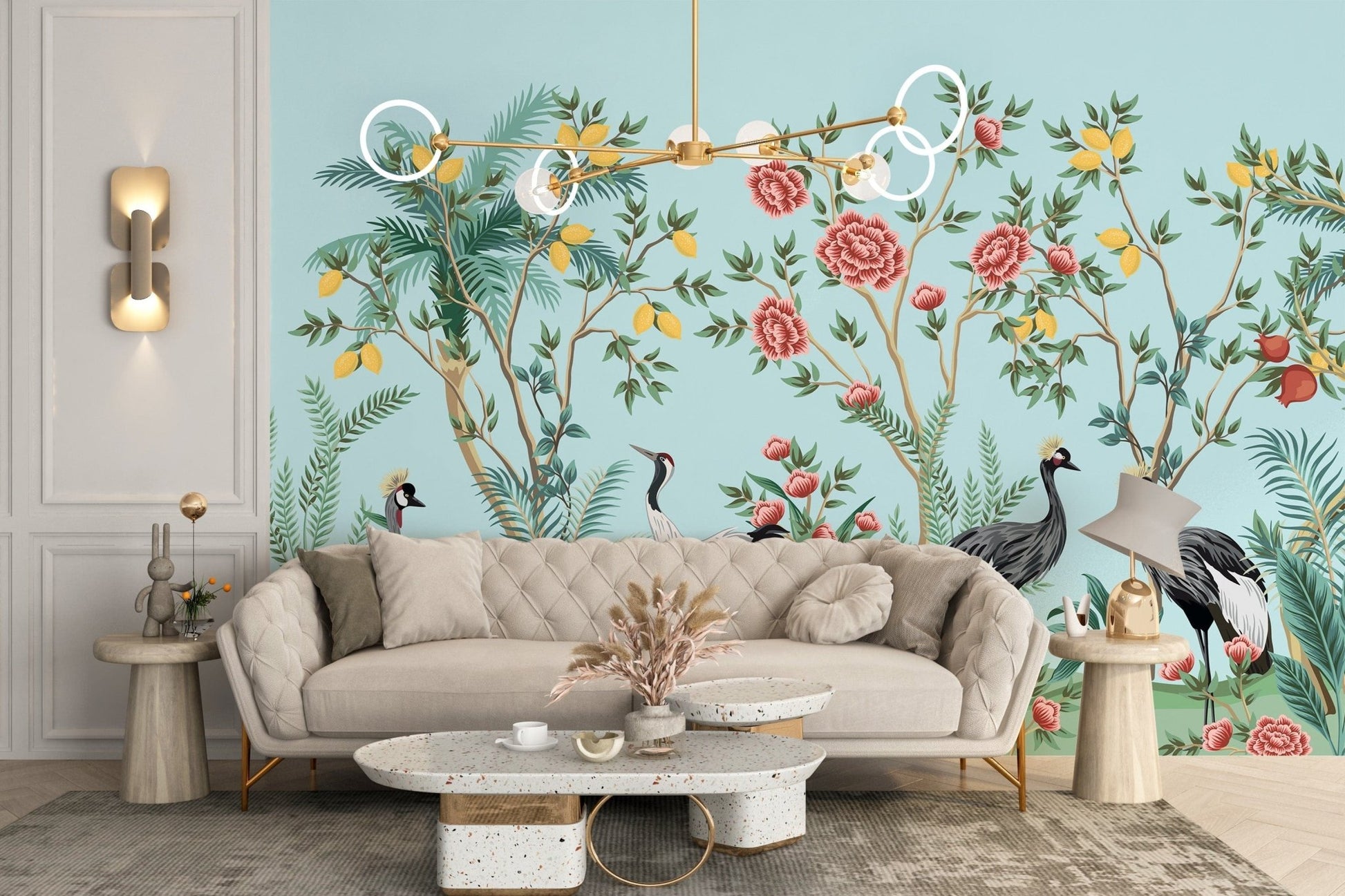 Botanical palm tree and bird mural design B098
