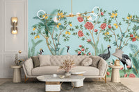 Botanical palm tree and bird mural design B098
