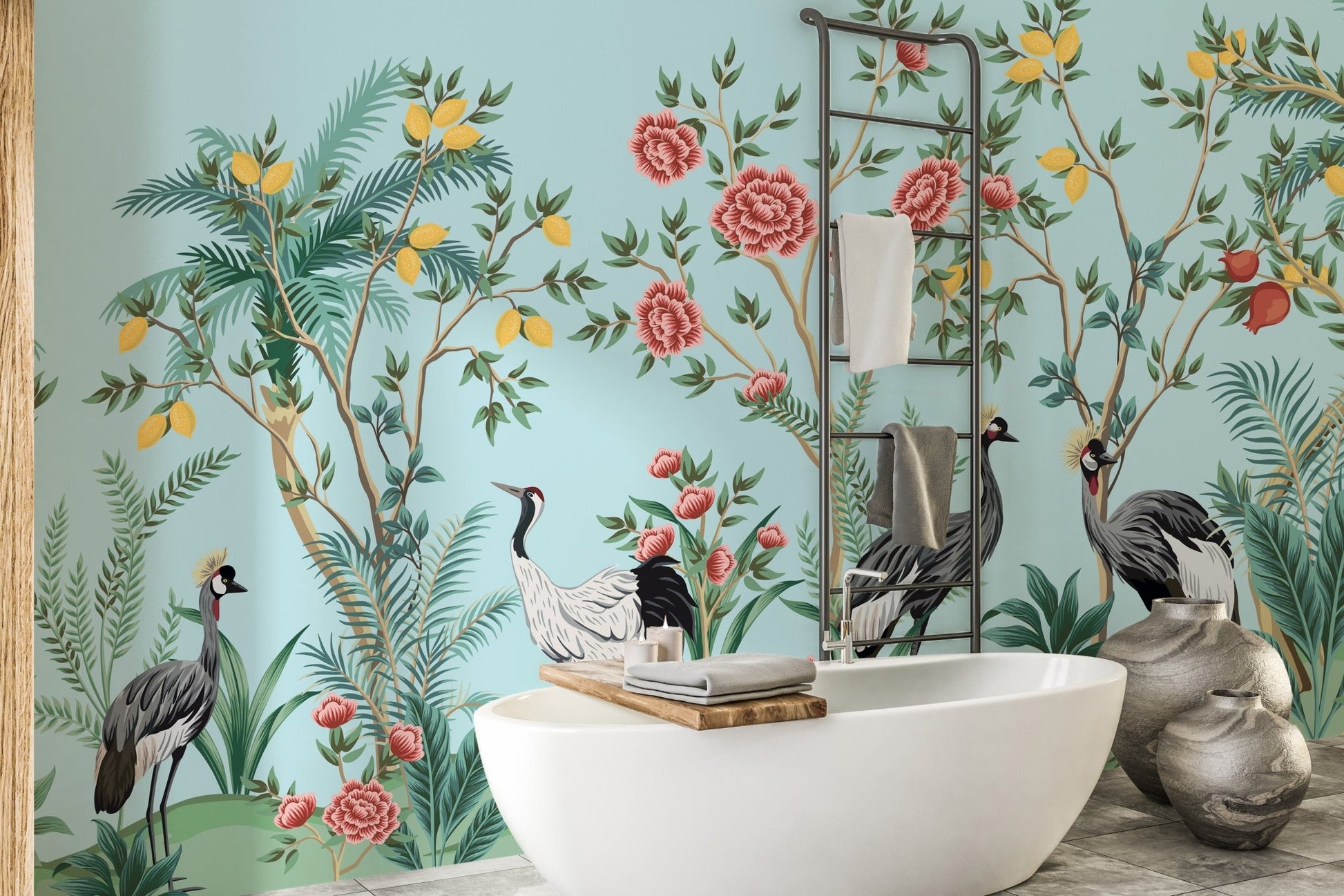 Ornamental floral and bird-themed wallpaper B098

