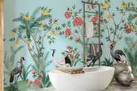 Ornamental floral and bird-themed wallpaper B098

