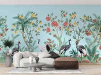 Lush crane and floral print wallpaper B098
