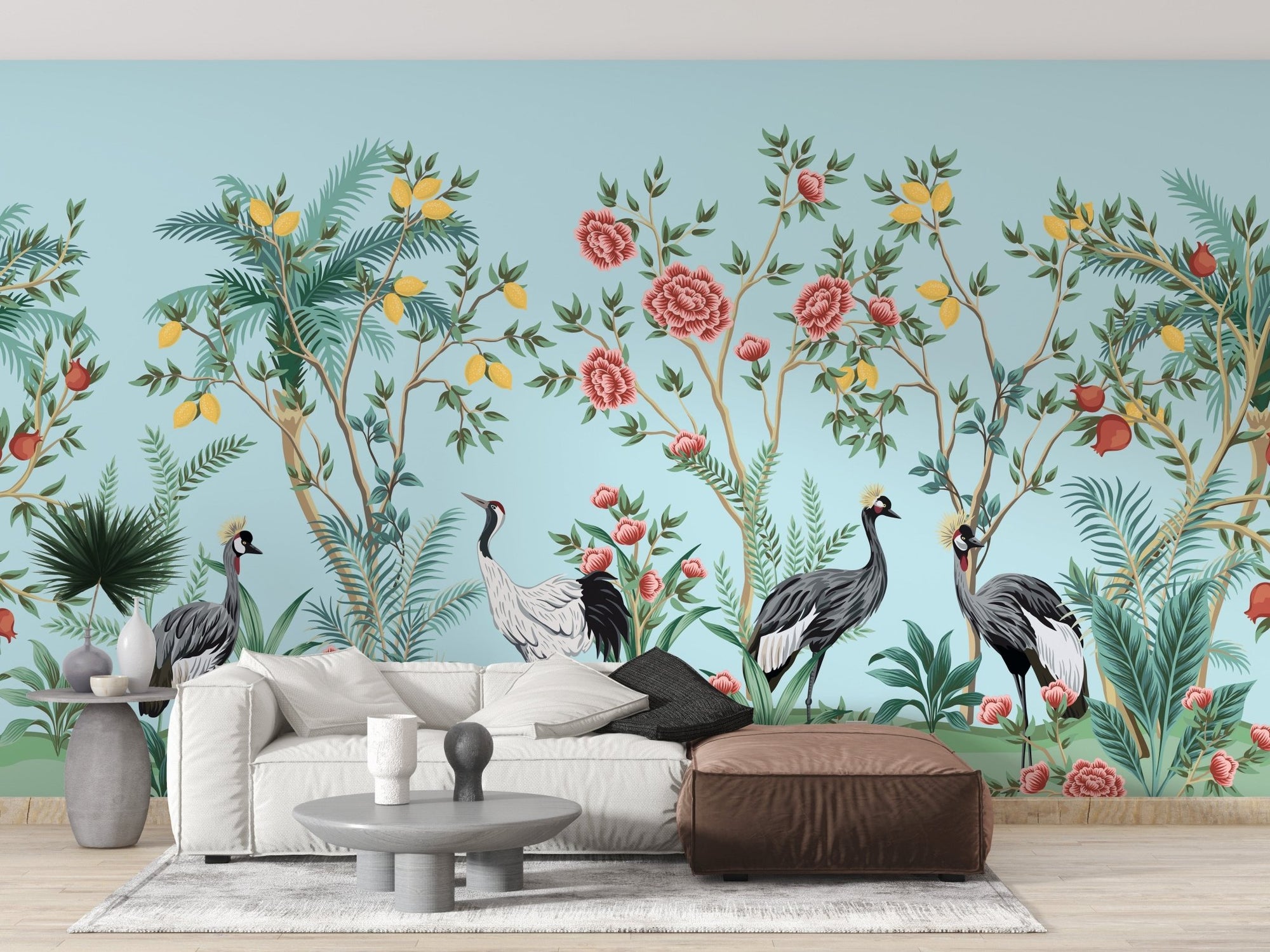 Lush crane and floral print wallpaper B098
