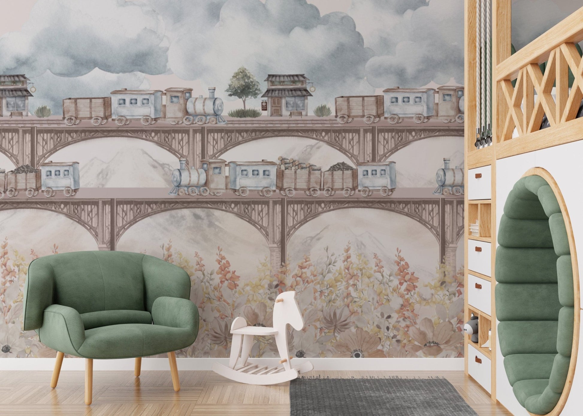 Train wallpaper with floral accents for kids
