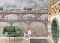 Train wallpaper with floral accents for kids
