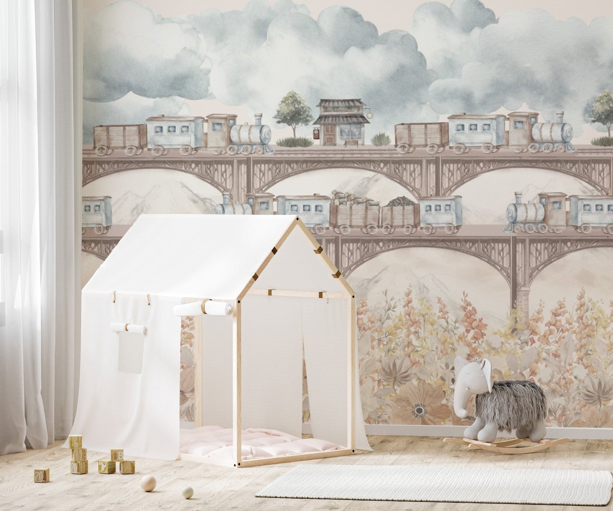 Floral train wallpaper design for kids D177
