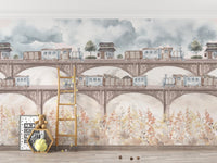 Soft pastel floral train wall mural
