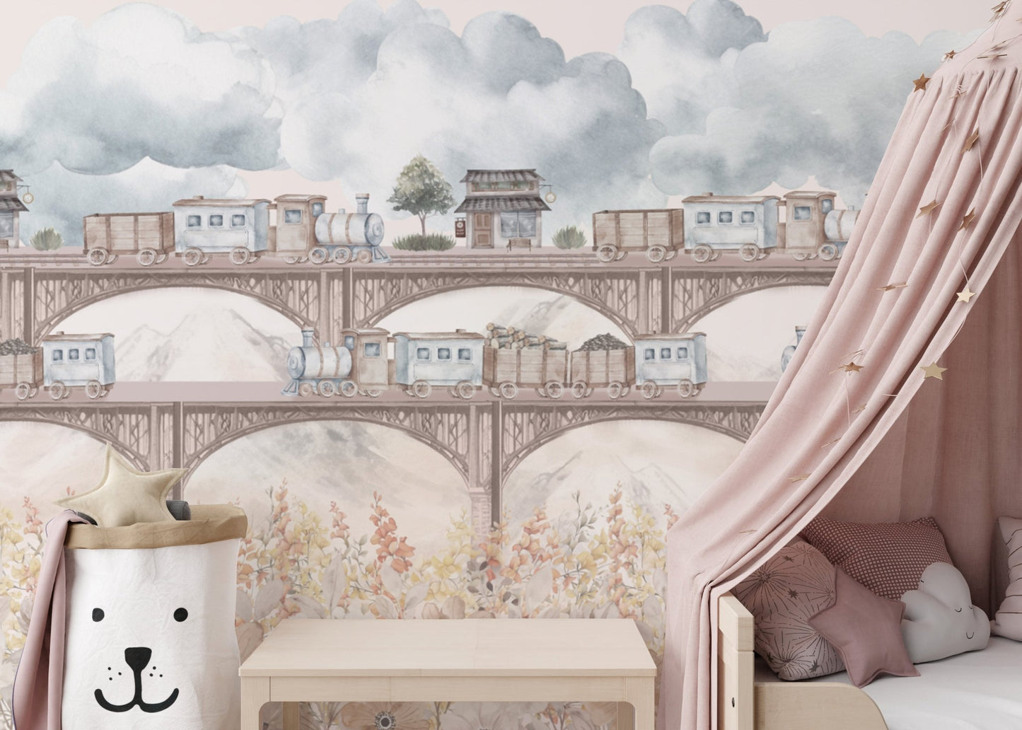 Floral themed vintage train kids wallpaper
