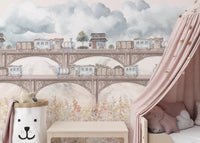 Floral themed vintage train kids wallpaper
