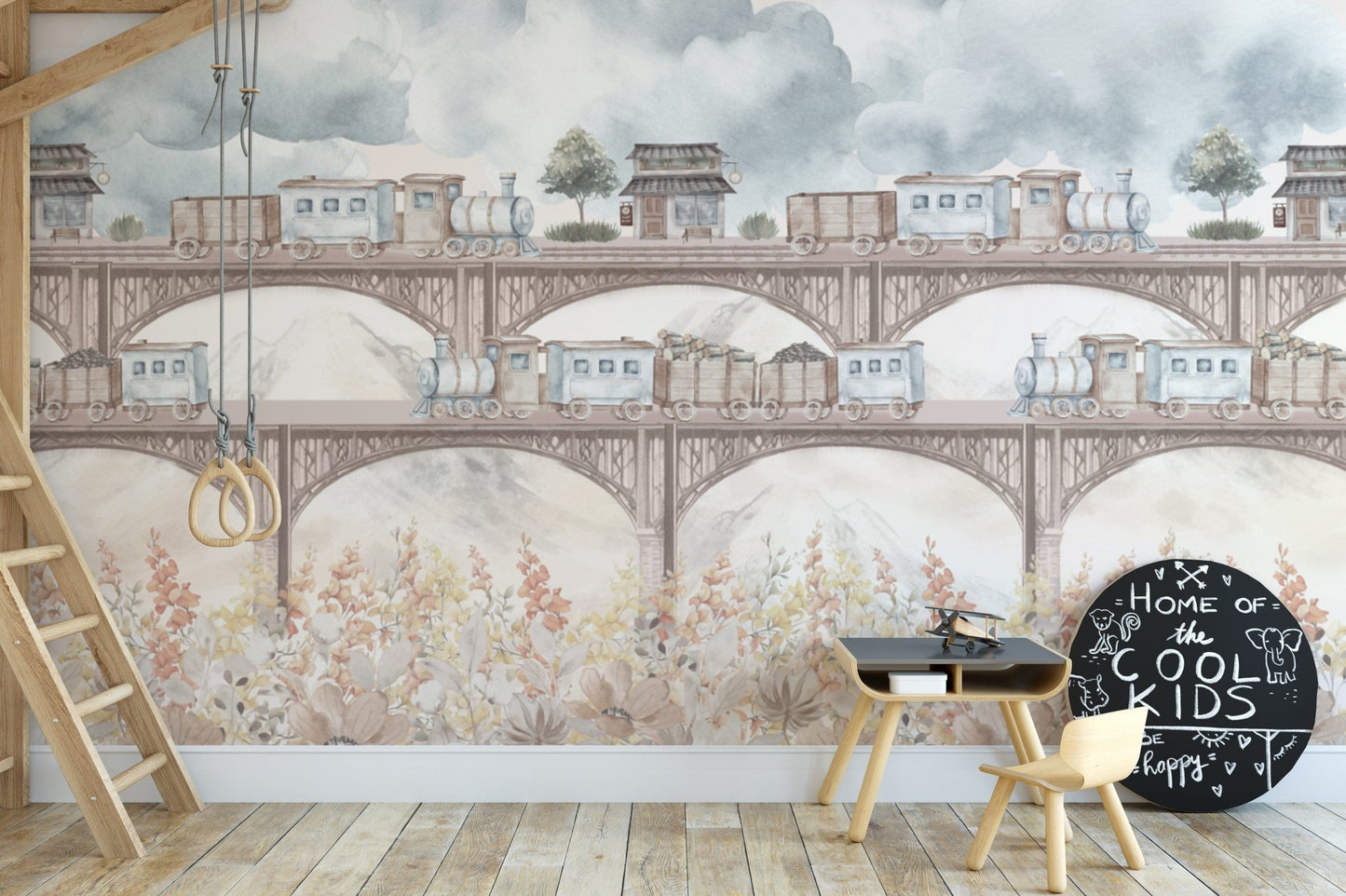 Vintage train and flowers kids wallpaper
