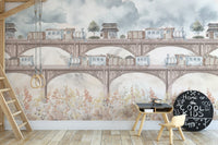 Vintage train and flowers kids wallpaper
