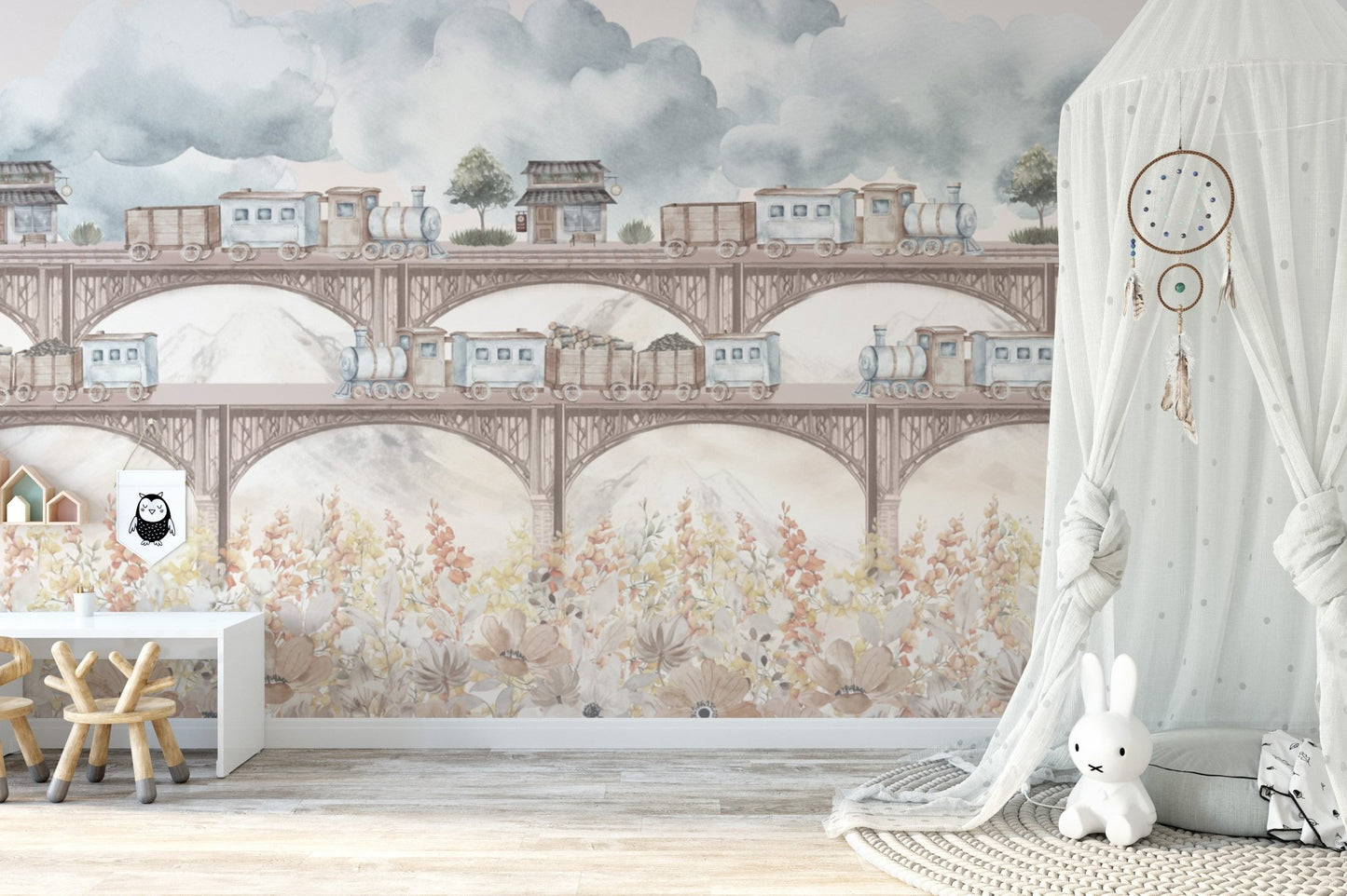 Kids room wallpaper with floral train design
