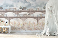 Kids room wallpaper with floral train design
