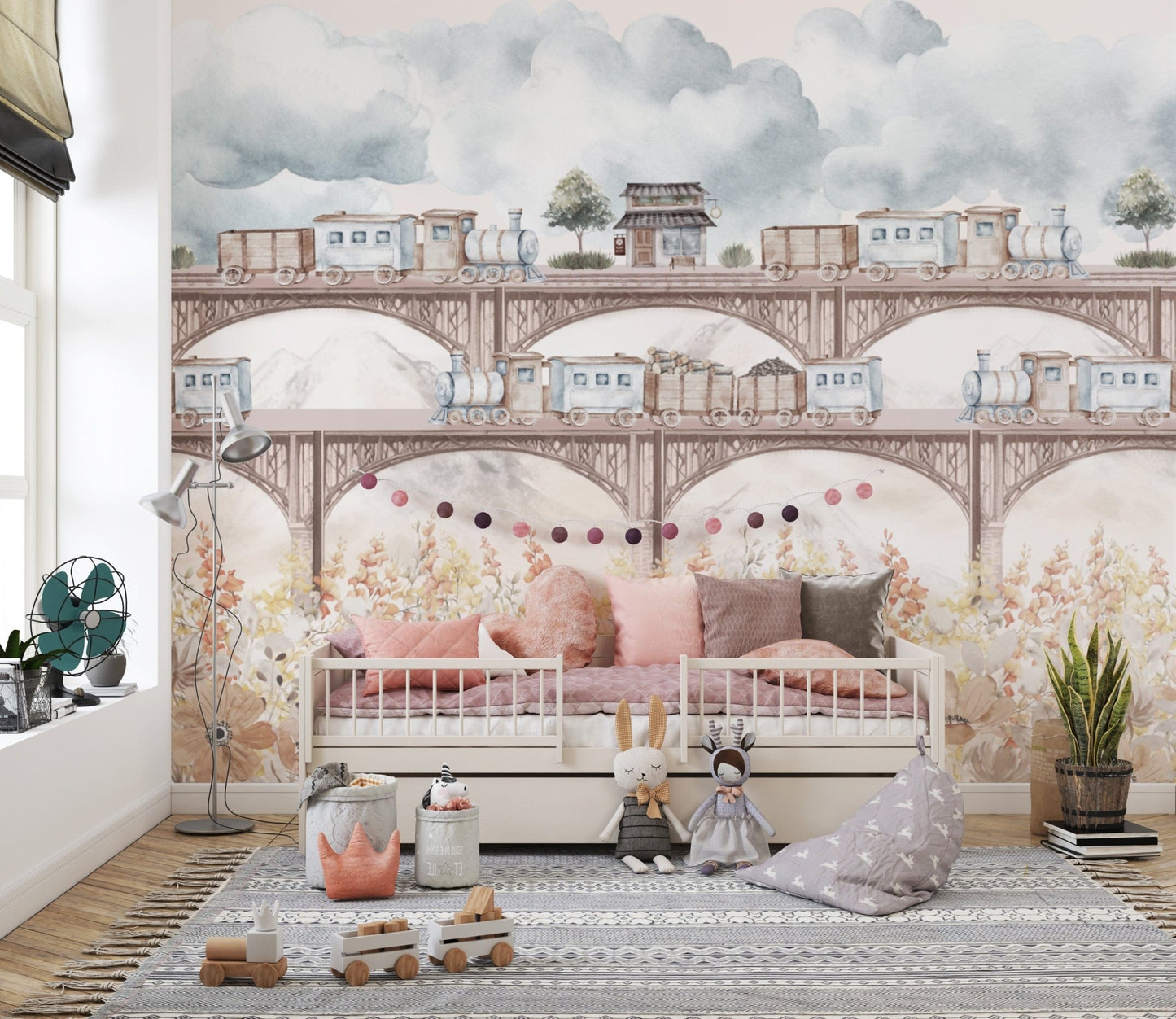 Vintage floral train wallpaper for rooms
