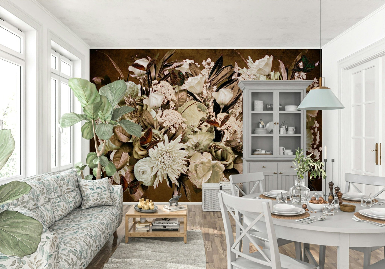 A beautiful vintage floral wallpaper mural with soft, subtle blooms.