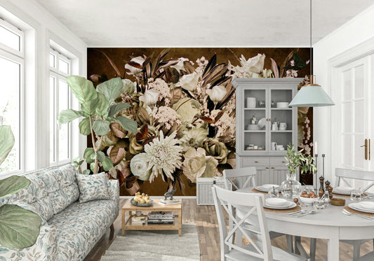A beautiful vintage floral wallpaper mural with soft, subtle blooms.