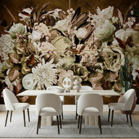 A graceful subtle bloom wall mural in soft, faded tones.