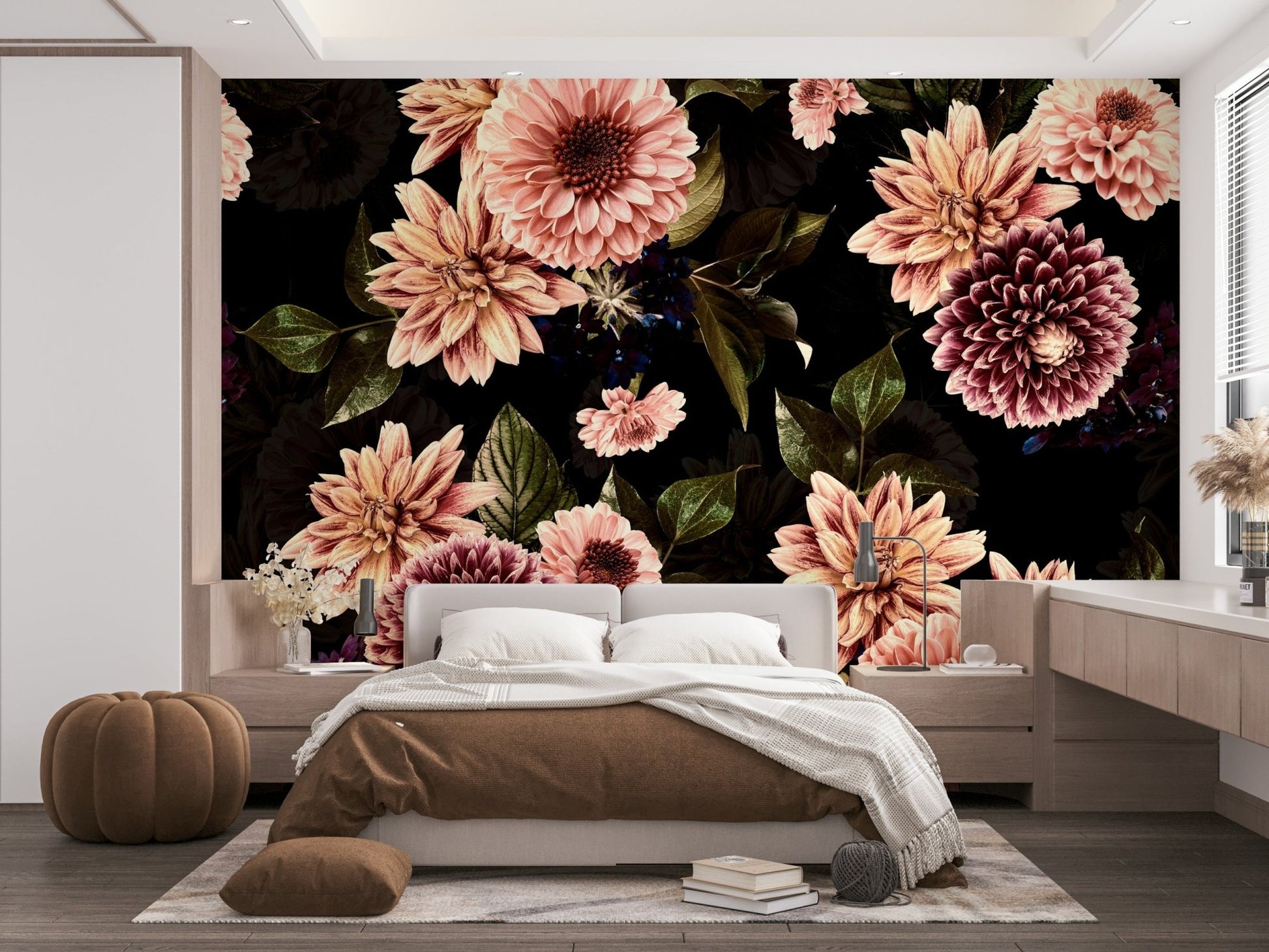 A peaceful wall mural with a vintage floral design.


