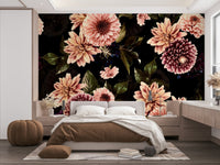 A peaceful wall mural with a vintage floral design.

