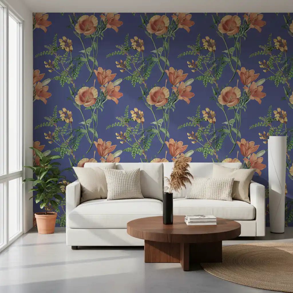 Office space with Vintage Flowers Wallpaper on deep blue ground